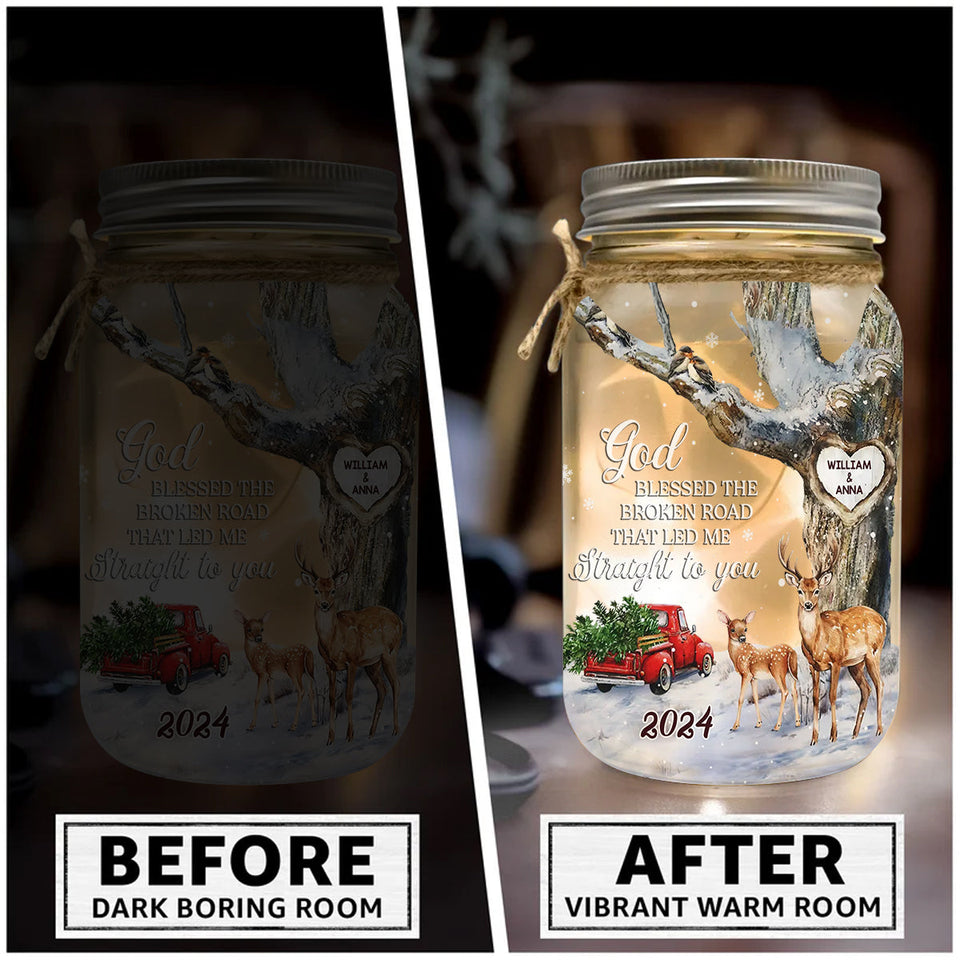 God Blessed The Broken Road - Personalized Couple Mason Jar Light