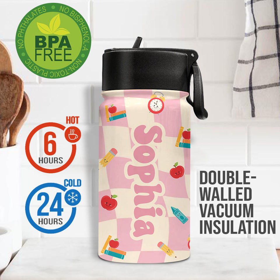 Wavy Check Back to School - Personalized Kid Kids Water Bottle