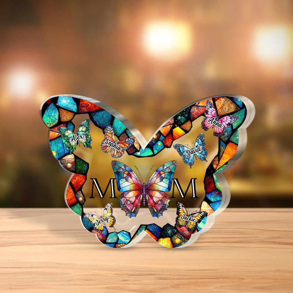 Mom Stained Glass Colorful Butterfly - Personalized Mother Custom Shaped Acrylic Plaque