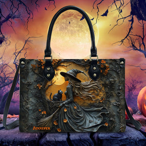 Beautiful Witch & Her Black Cat - Personalized Witch Leather Handbag