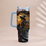 Beautiful Witch & Her Black Cat - Personalized Witch Tumbler With Handle