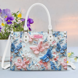 Pink And Blue Butterflies - Personalized Butterfly Leather Handbag
