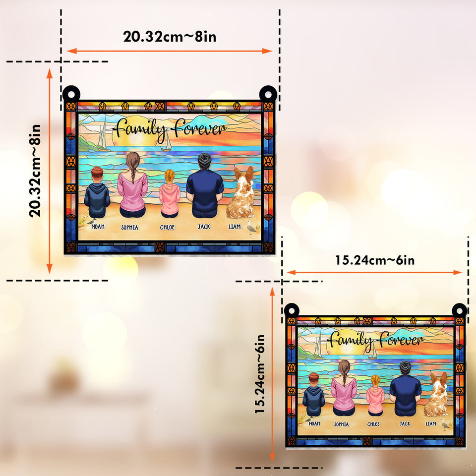 Family Sitting Back View Beautiful Ocean - Personalized Family Window Hanging Suncatcher Ornament