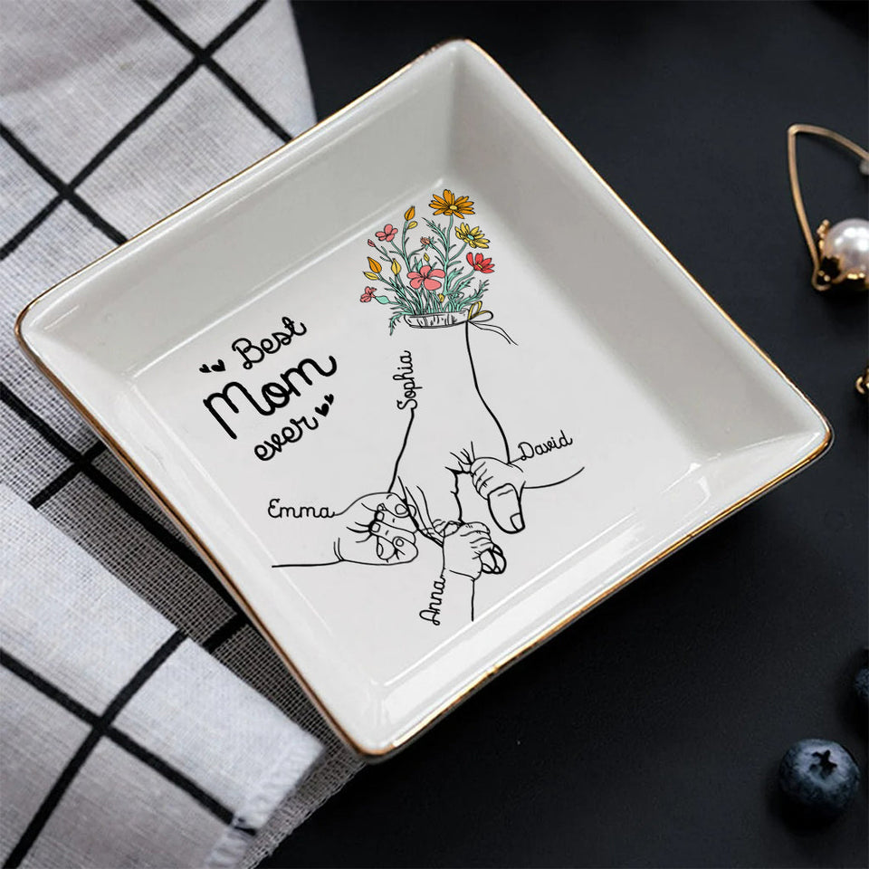 Mom And Children Hands Line Art - Personalized Mother Jewelry Dish