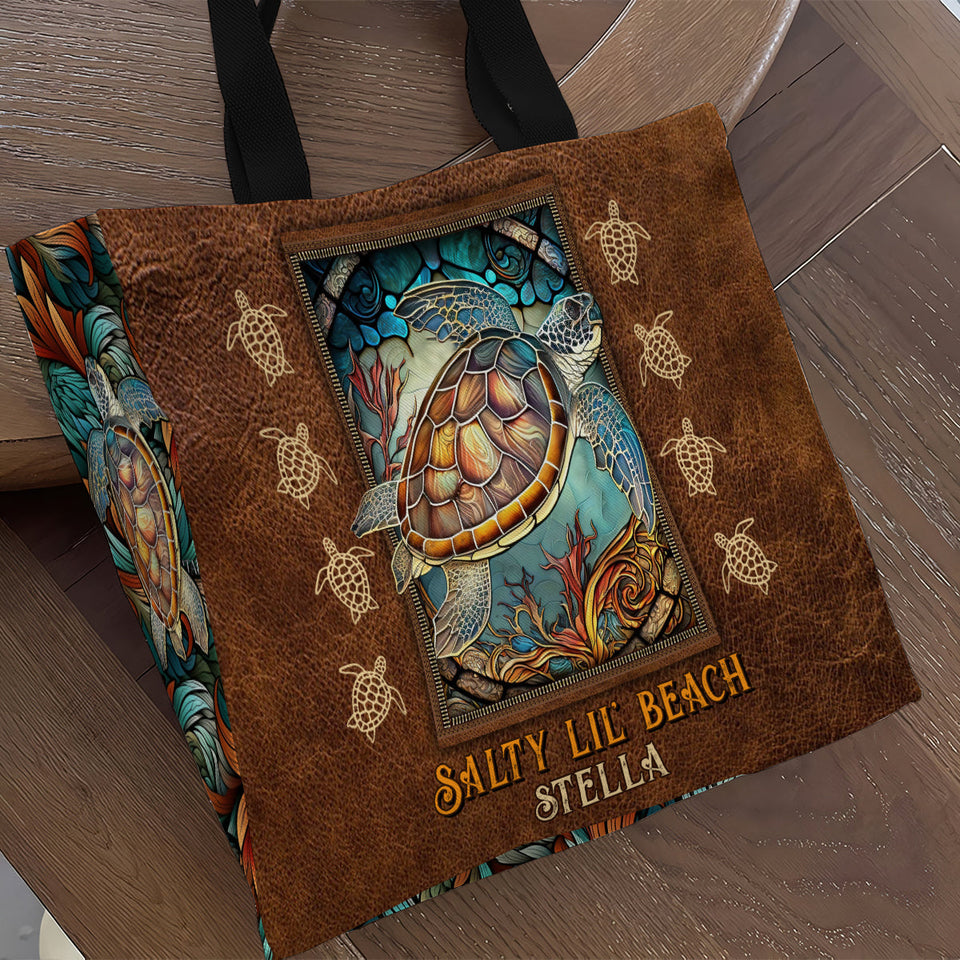 Salty Lil Beach - Personalized Turtle All-Over Print Canvas Tote Bag