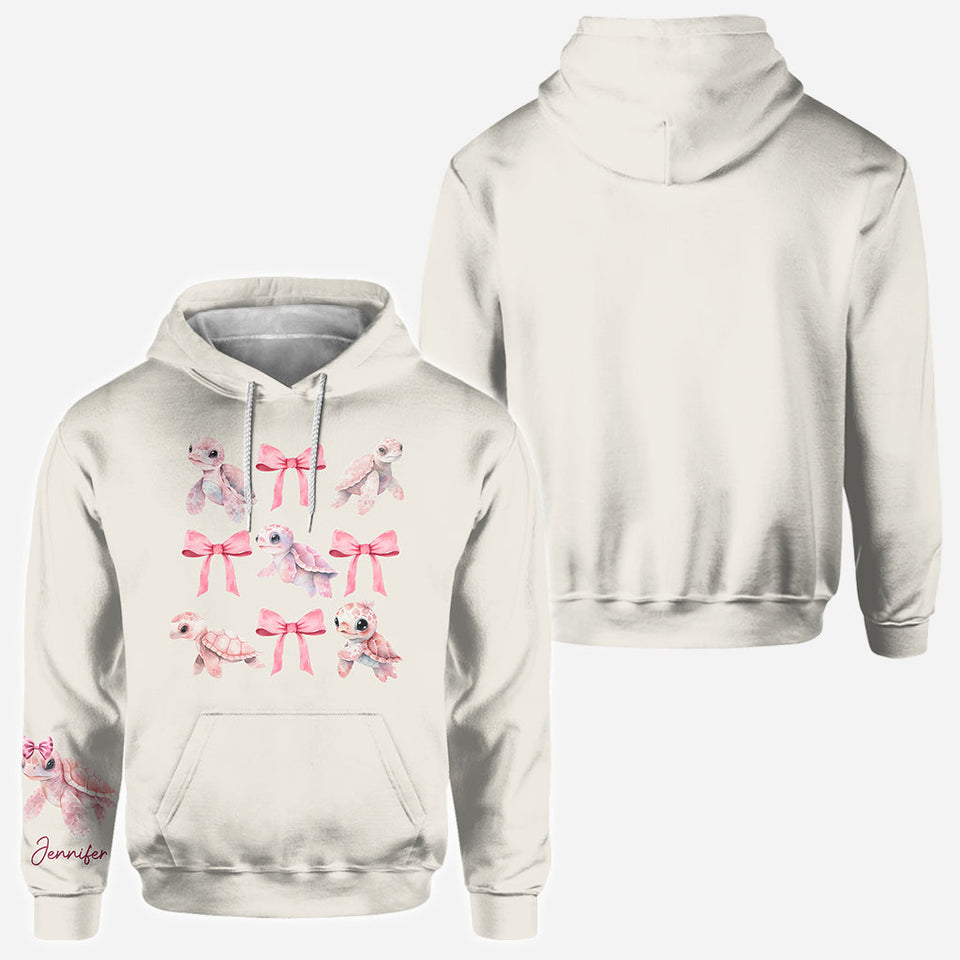 Pink Ribbon Coquette Bow Watercolor Turtle - Personalized Turtle All Over Shirt
