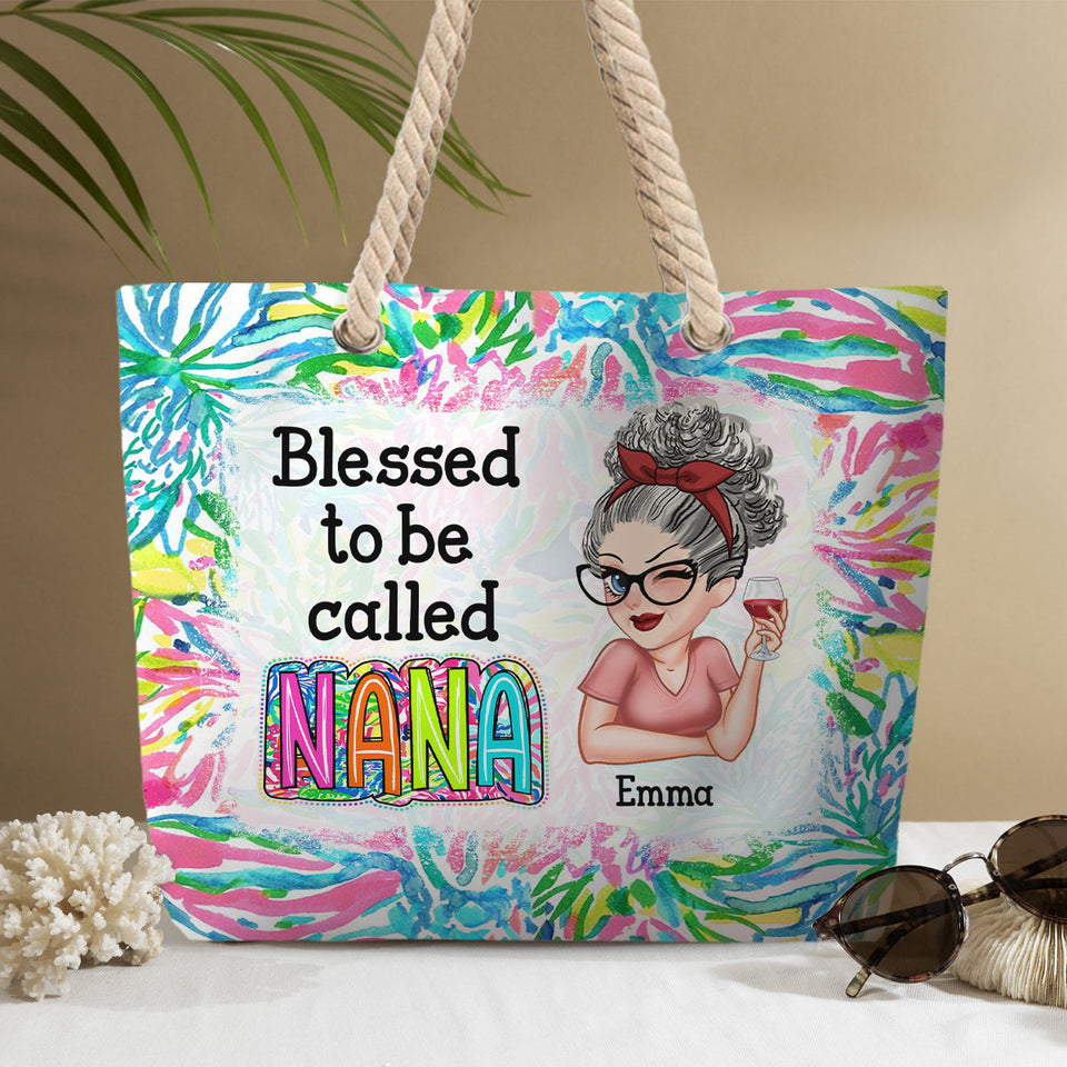 Grandma Nana Gigi Scribble Doodle Grandkid - Personalized Grandma Beach Bag