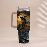 Beautiful Witch & Her Black Cat - Personalized Witch Tumbler With Handle