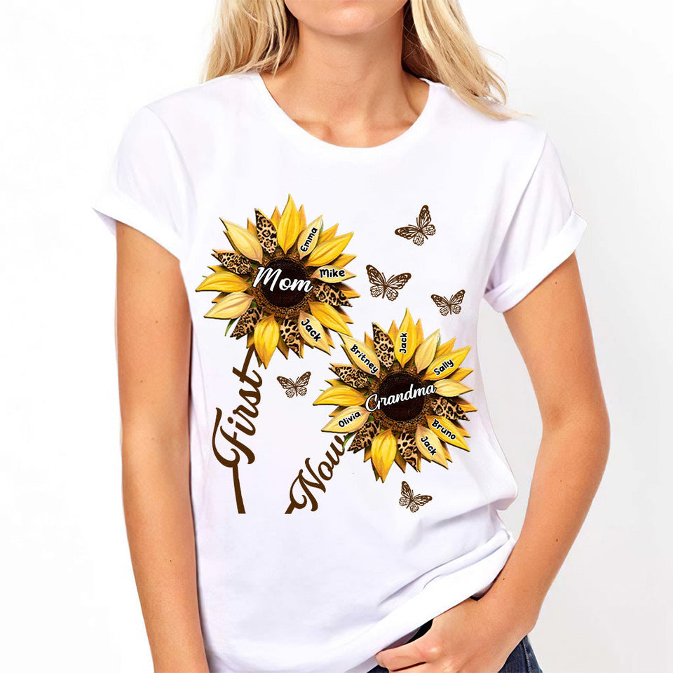 First Mom Now Grandma Sunflower - Personalized Grandma T-shirt And Hoodie