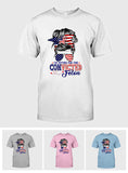 I'm Voting For The Convicted FeI0n Messy Bun T-Shirt, Trump 2024 Shirt, Funny Trump Biden American Flag, Awakened Patriot, Women For Trump
