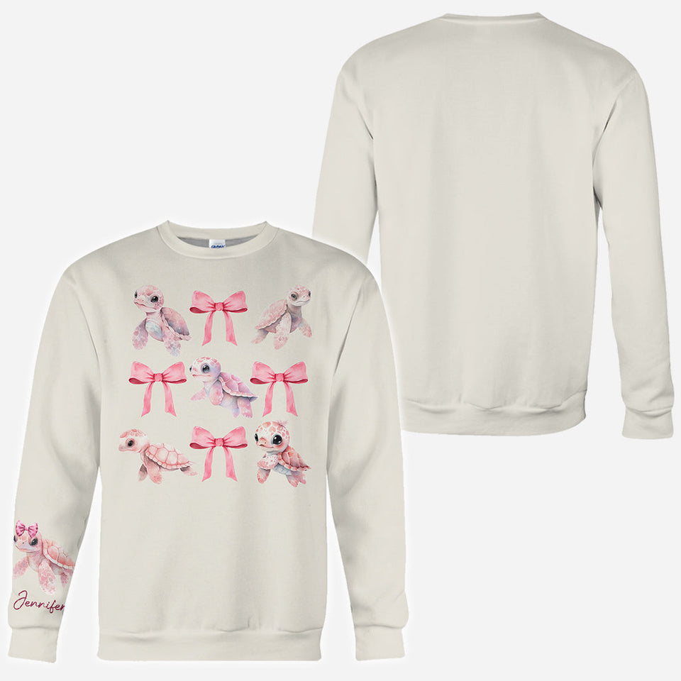 Pink Ribbon Coquette Bow Watercolor Turtle - Personalized Turtle All Over Shirt