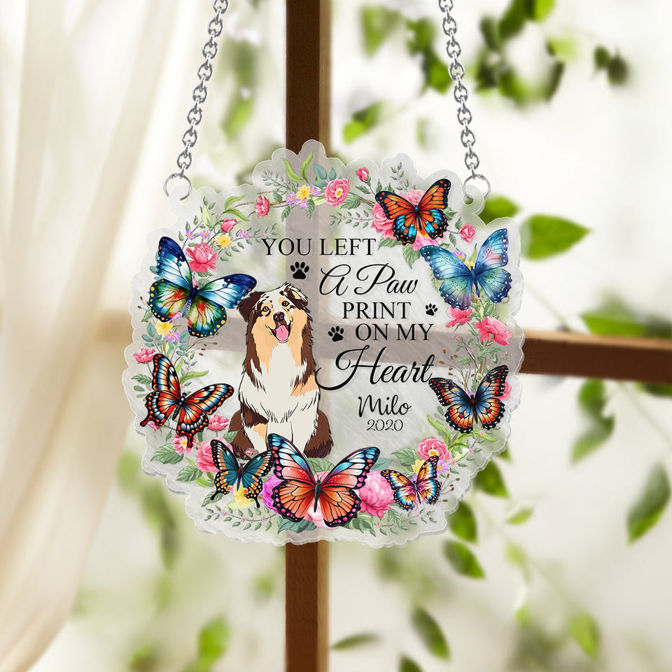 You Left A Paw Print On My Heart - Personalized Dog Window Hanging Suncatcher Ornament