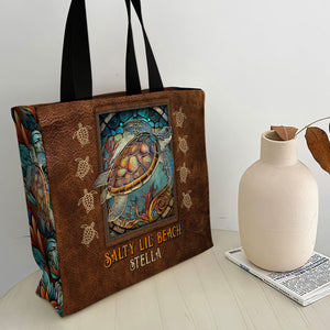 Salty Lil Beach - Personalized Turtle All-Over Print Canvas Tote Bag