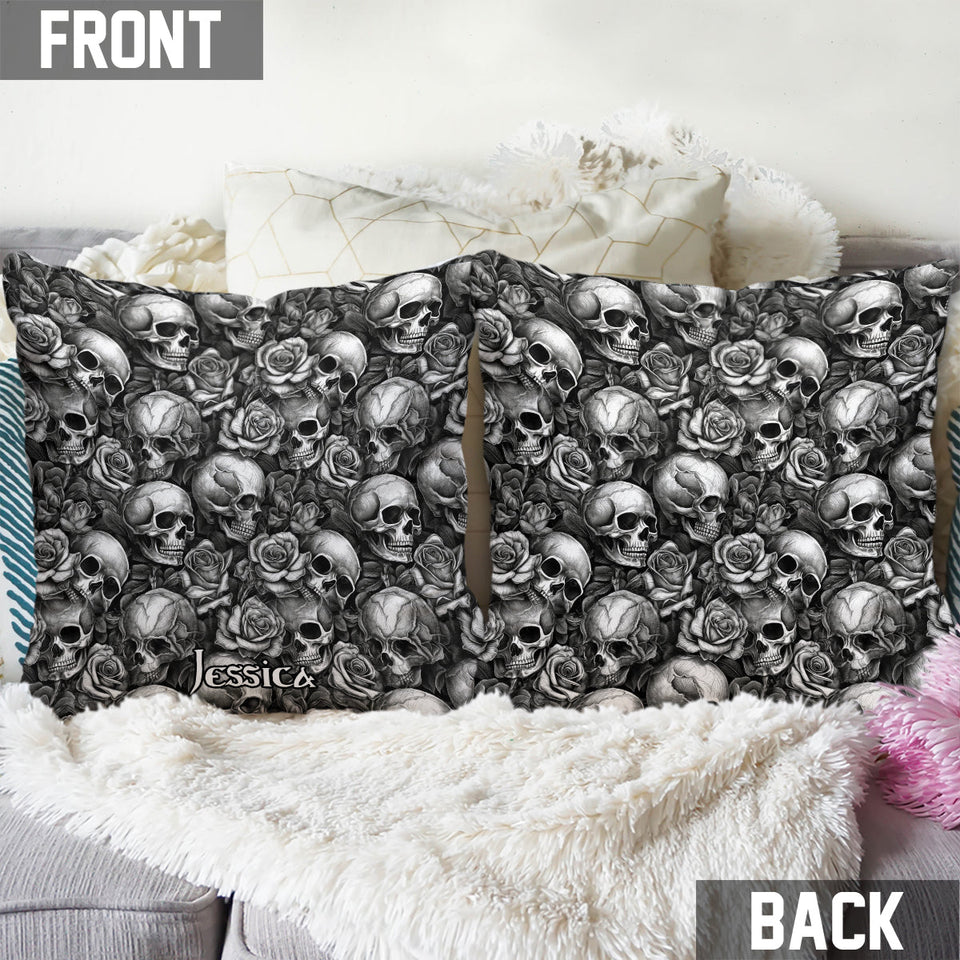 Skull Roses Black And White - Personalized Skull Throw Pillow