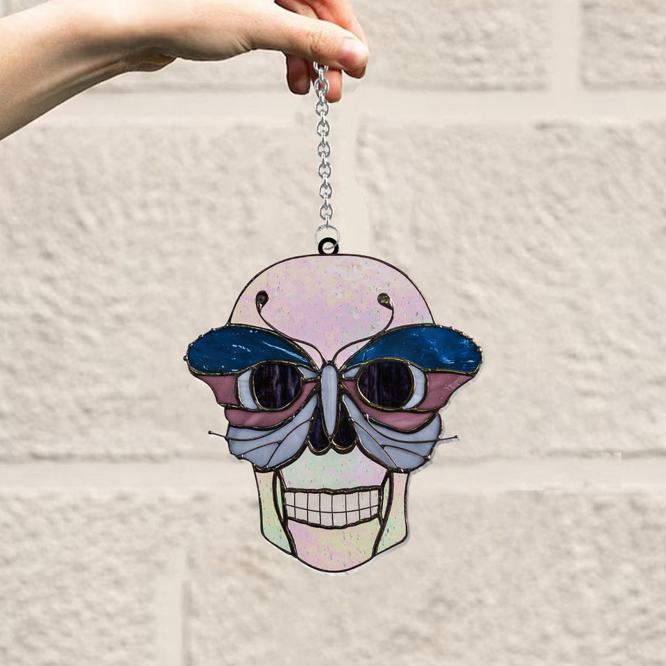 Skull With Colorful Butterfly - Personalized Skull Window Hanging Suncatcher Ornament