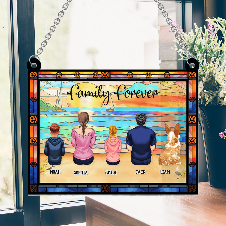 Family Sitting Back View Beautiful Ocean - Personalized Family Window Hanging Suncatcher Ornament