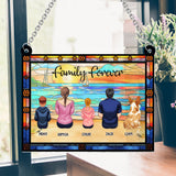 Family Sitting Back View Beautiful Ocean - Personalized Family Window Hanging Suncatcher Ornament