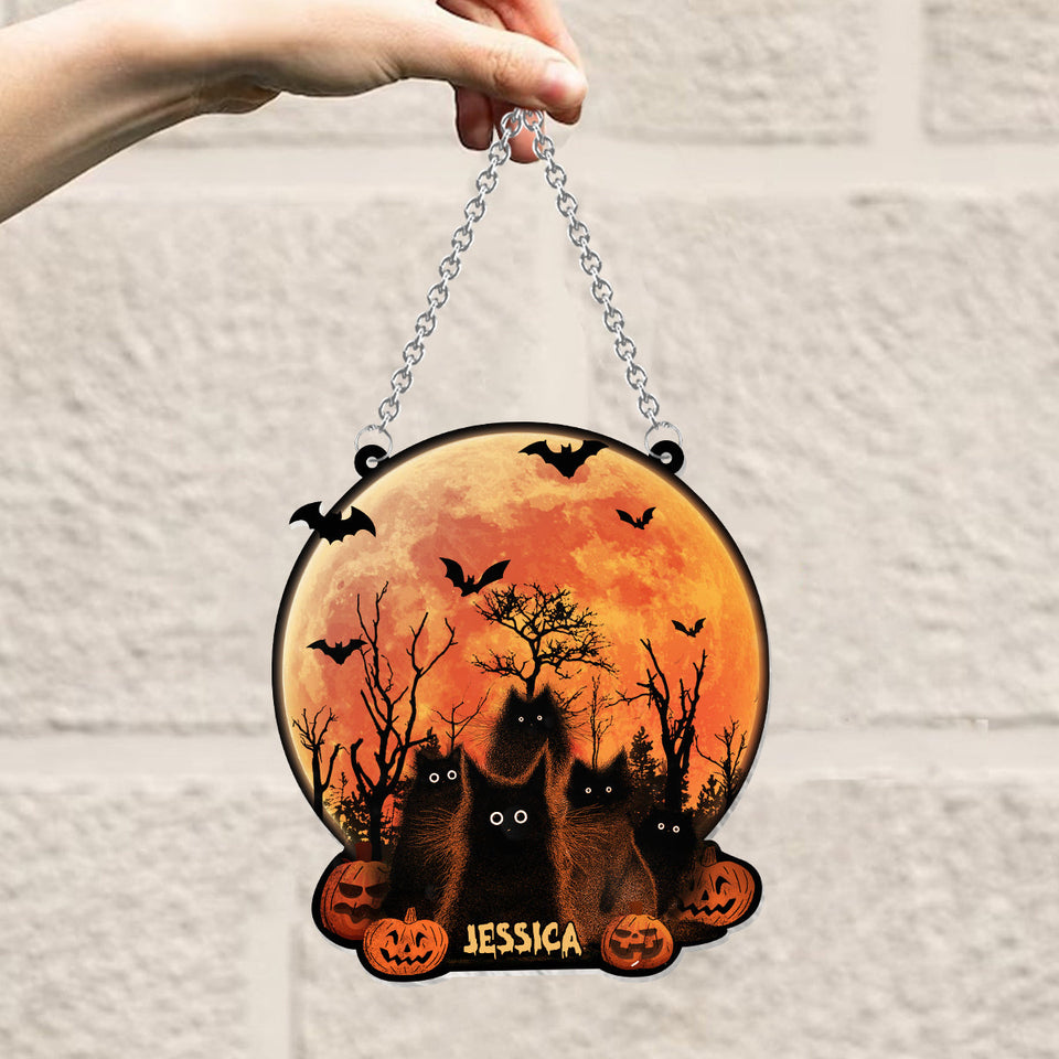 Black Cat Halloween Moon - Personalized Black Cat Window Hanging Suncatcher Ornament