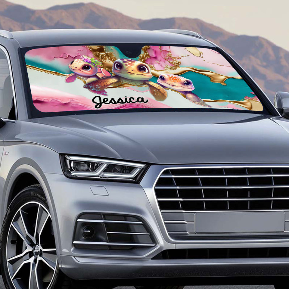 Cute Pink Turtle - Personalized Turtle Car Sunshade