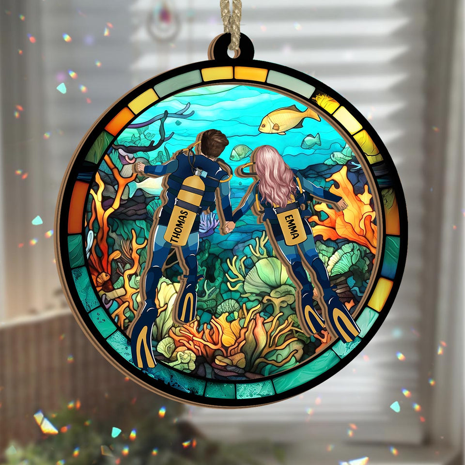 You & Me And The Sea - Personalized Scuba Diving 2 Layered Window Hanging Suncatcher