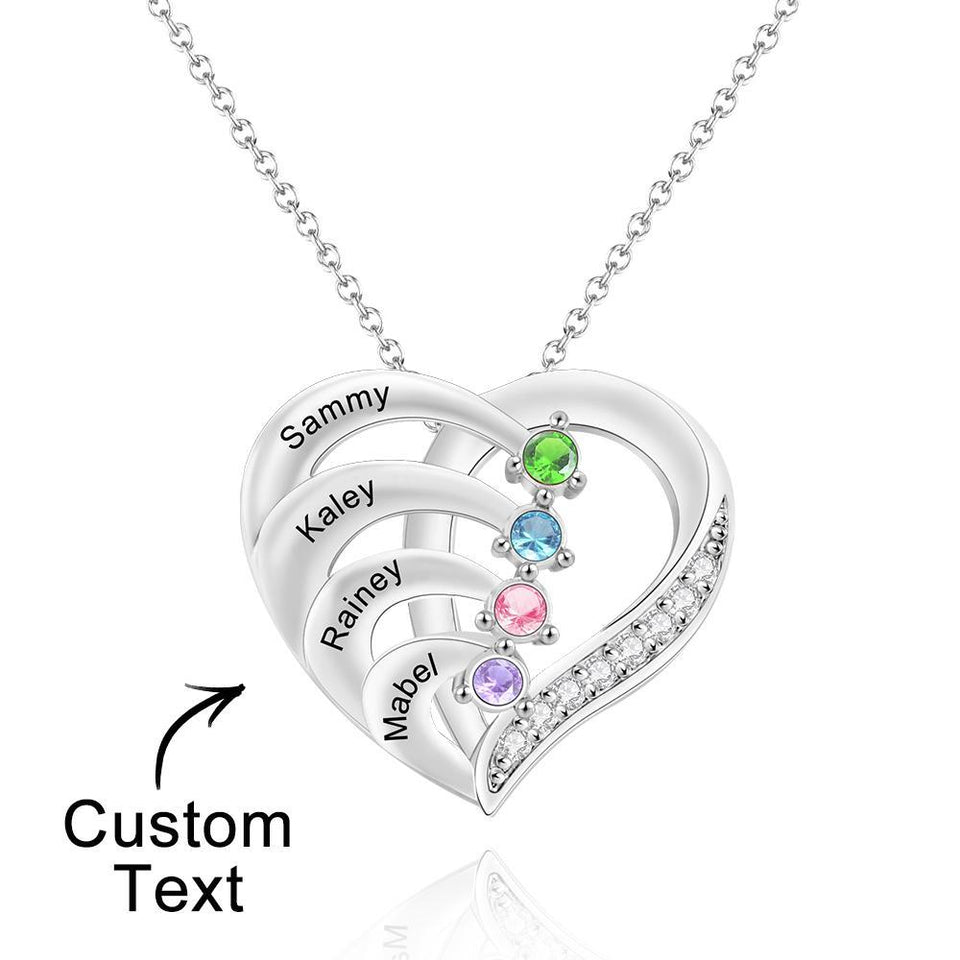 Love By Heart - Personalized Family Names Heart Shaped Necklace With Birthstone
