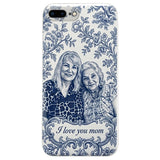 Mother Gift Idea, Blue Toile De Jouy Pattern - Personalized Mother 3D Embossed Leather Phone Case