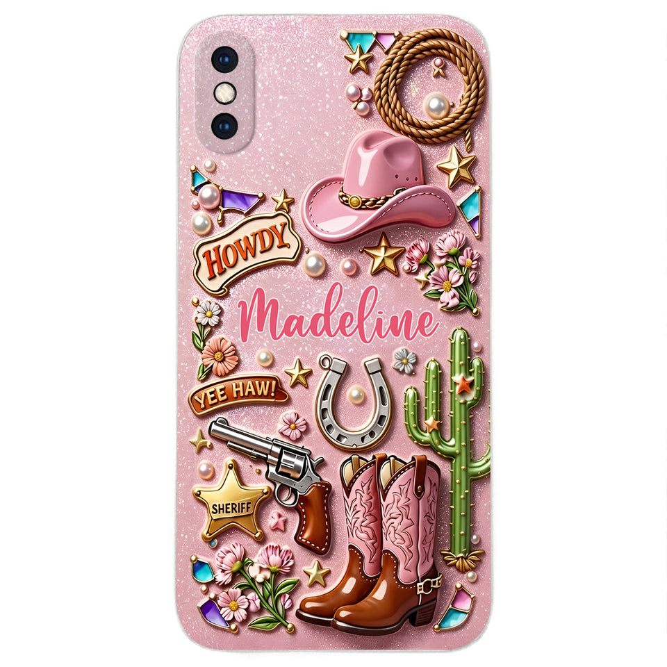 Cowgirl Gift, Whimsical Wild West Western - Personalized Cowgirl 3D Embossed Leather Phone Case