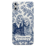 Mother Gift Idea, Blue Toile De Jouy Pattern - Personalized Mother 3D Embossed Leather Phone Case