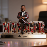 Custom Older Black Male Manager Desk Nameplate Plaque - Personalized Boss Figurine, Luxury Crystal Office Decor