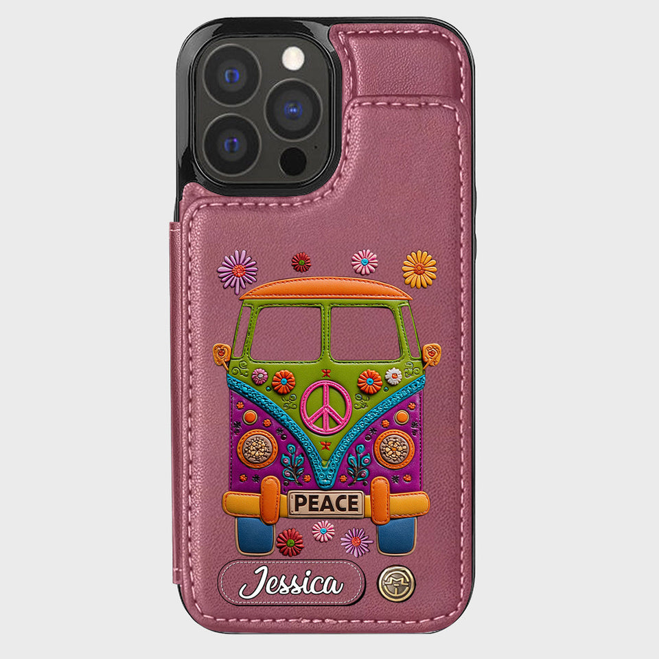 Peace Bus - Personalized Hippie Wallet Phone Case With Leather Charm