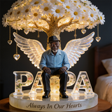 Custom Black Grandpa Always In Our Hearts Angel Wings Figurine, Personalized Memorial Tree Lamp Statue, Sympathy Remembrance Night Light Table Decor