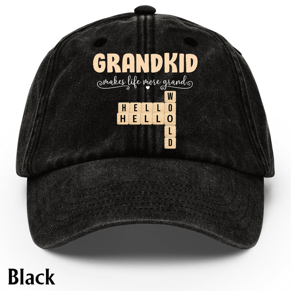 Grandpa Grandma Gifts Grandkids Make Life More Grand - Personalized Scrabble Washed Denim Cap