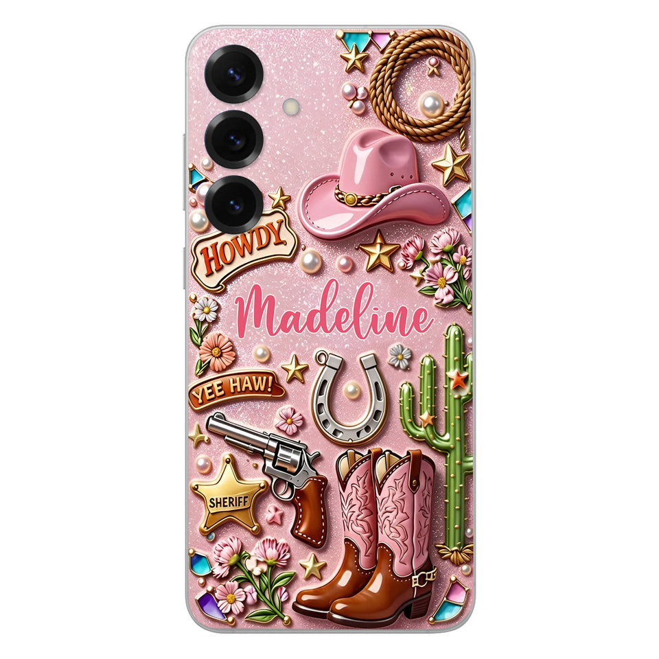 Cowgirl Gift, Whimsical Wild West Western - Personalized Cowgirl 3D Embossed Leather Phone Case