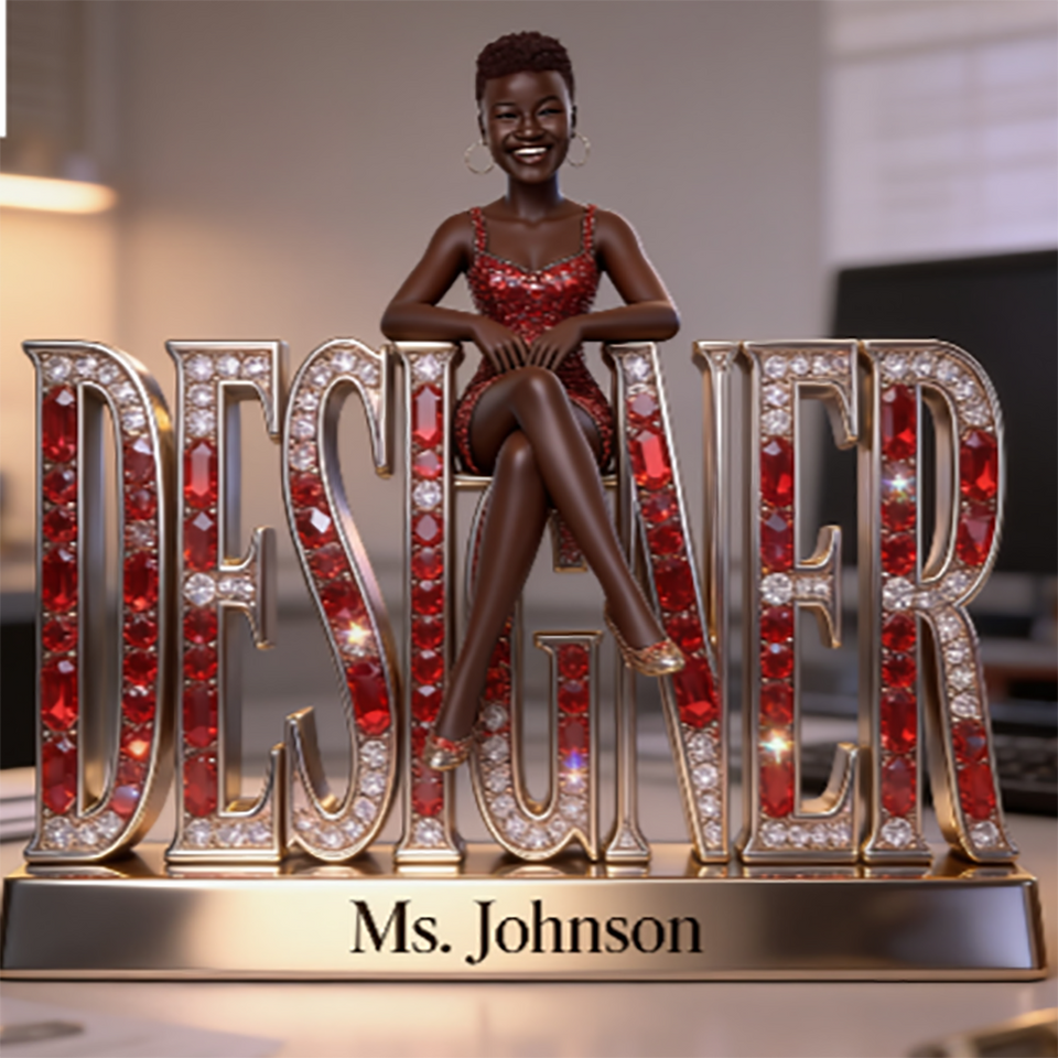 Custom Black Female Designer Desk Nameplate Plaque - Personalized Artist Figurine, Luxury Crystal Office Decor