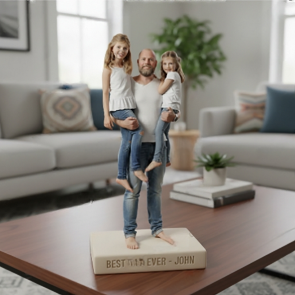 Custom Father and Two Daughters Personalized Figurine Statue - Best Dad Ever Nameplate Trophy - Unique Father's Day Desk Ornament Gift
