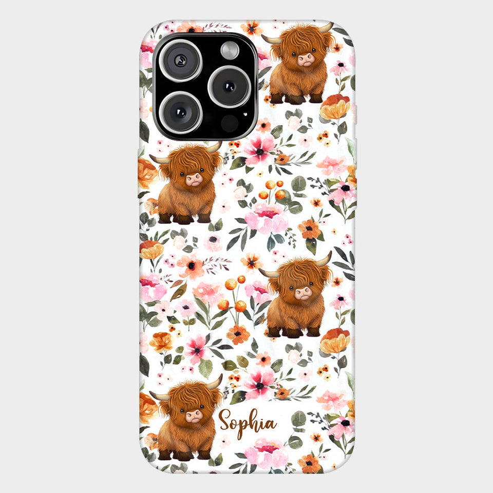 Floral Highland Cow - Personalized Highland Cow Full Print Phone Case